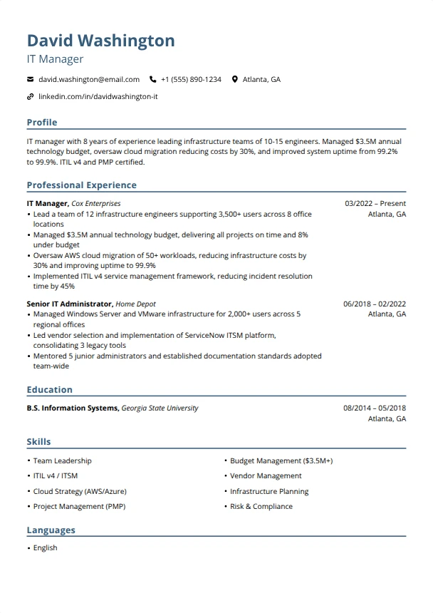 IT Manager Resume (No Management Experience) — Blueprint template