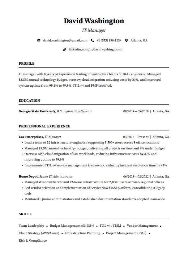 IT Manager Resume (No Management Experience) — Foundation template