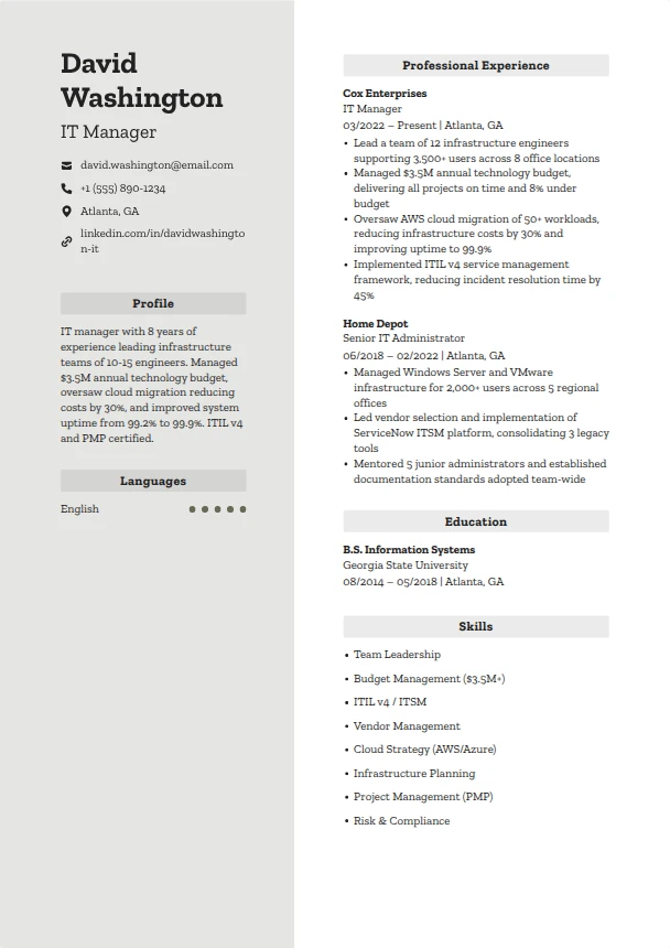 IT Manager Resume (No Management Experience) — Momentum template