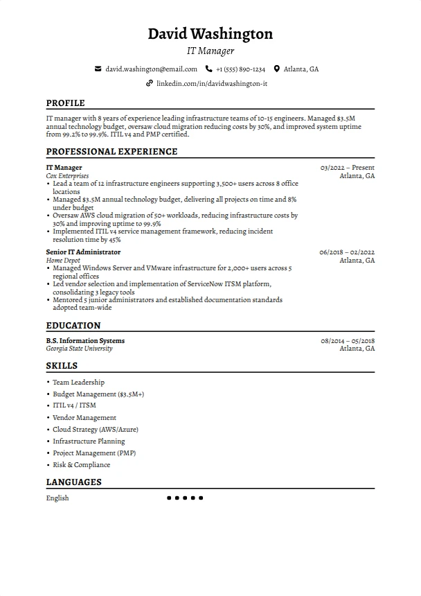 IT Manager Resume (No Management Experience) — Timeless template