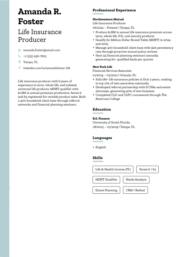 Life Insurance Resume — Frost template