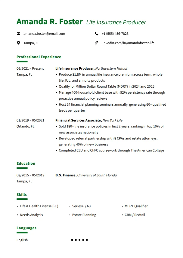 Life Insurance Resume — Meadow template