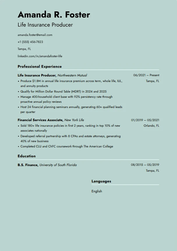Life Insurance Resume — Opal template