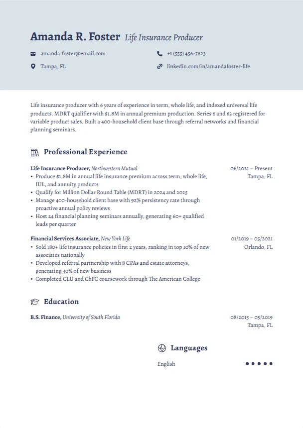 Life Insurance Resume — Precision template