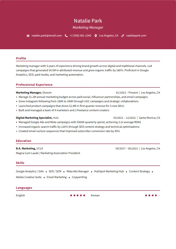 Marketing Resume — Crimson template