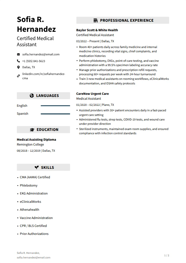 Medical Assistant Resume (No Experience) — Vanguard template