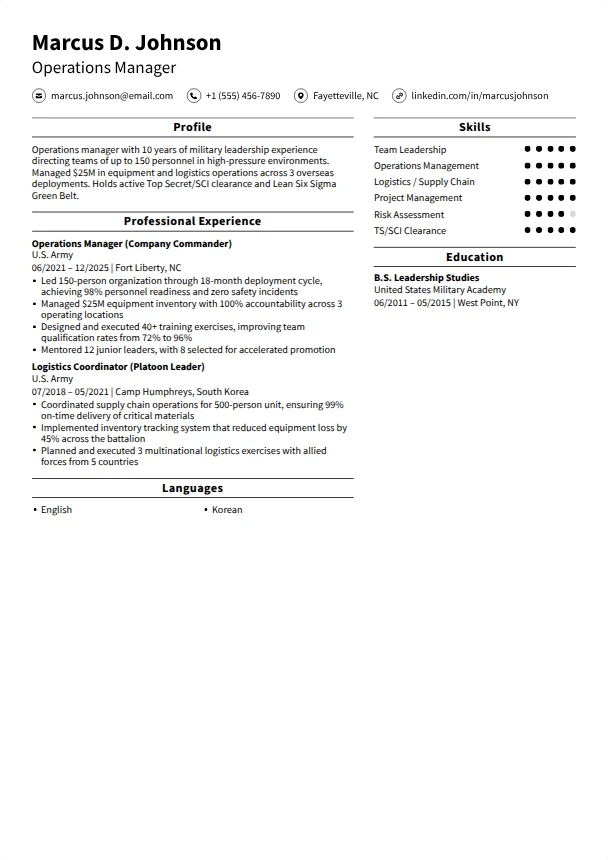 Military Resume Examples — Fresh Start template