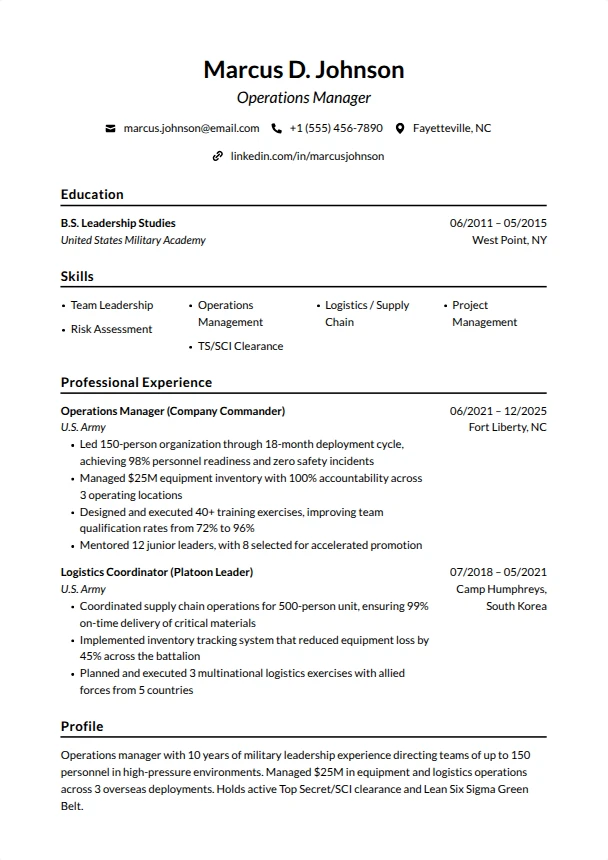 Military Resume Examples — Ivy League template