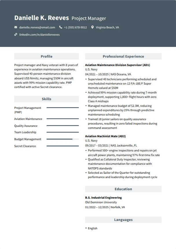 Navy Resume (No Civilian Experience) — Alpine template