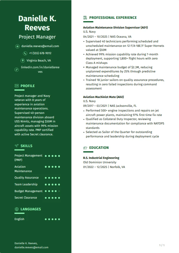 Navy Resume (No Civilian Experience) — Cedar template