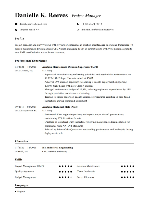 Navy Resume (No Civilian Experience) — Director template