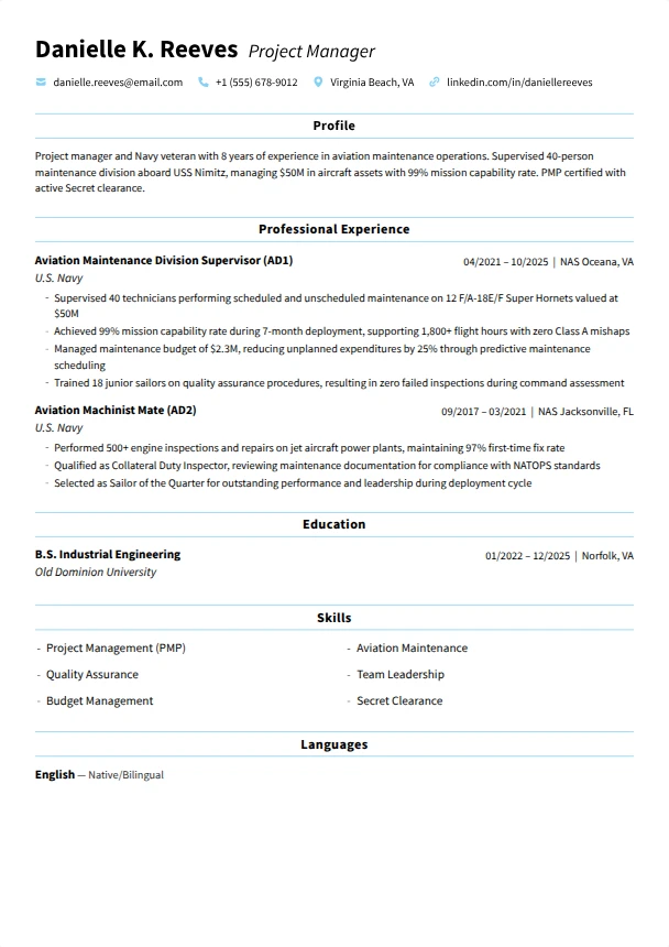 Navy Resume (No Civilian Experience) — Tranquil template