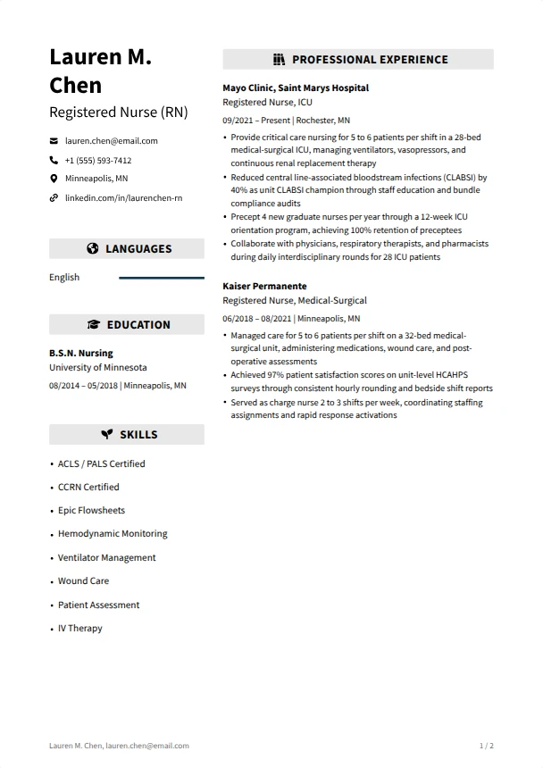 Nursing Resume (No Experience) — Vanguard template