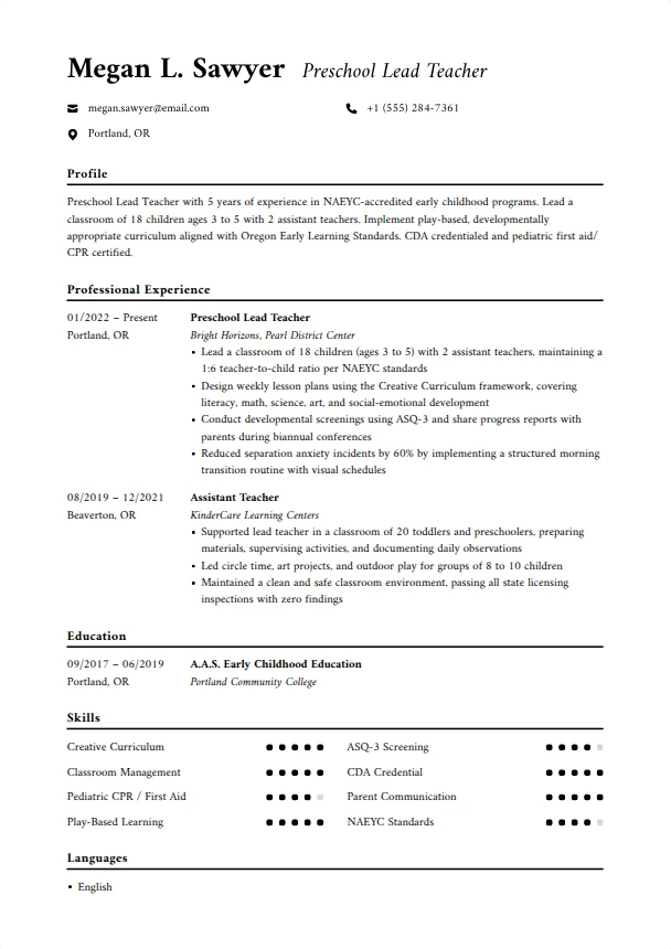 Preschool Teacher Resume Guide — Director template