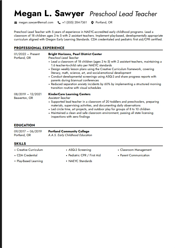 Preschool Teacher Resume Guide — Hairline template