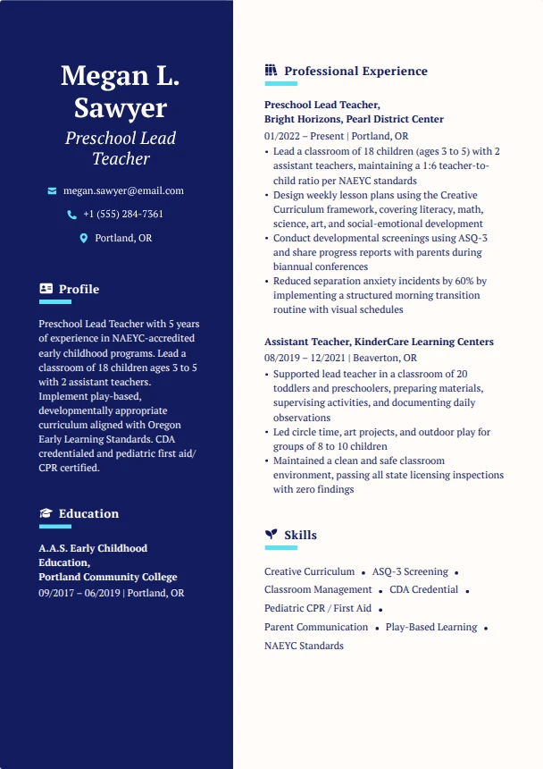 Preschool Teacher Resume Guide — Royal template