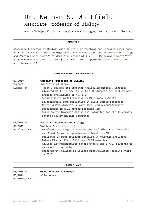 Professor Resume Guide — Manuscript template