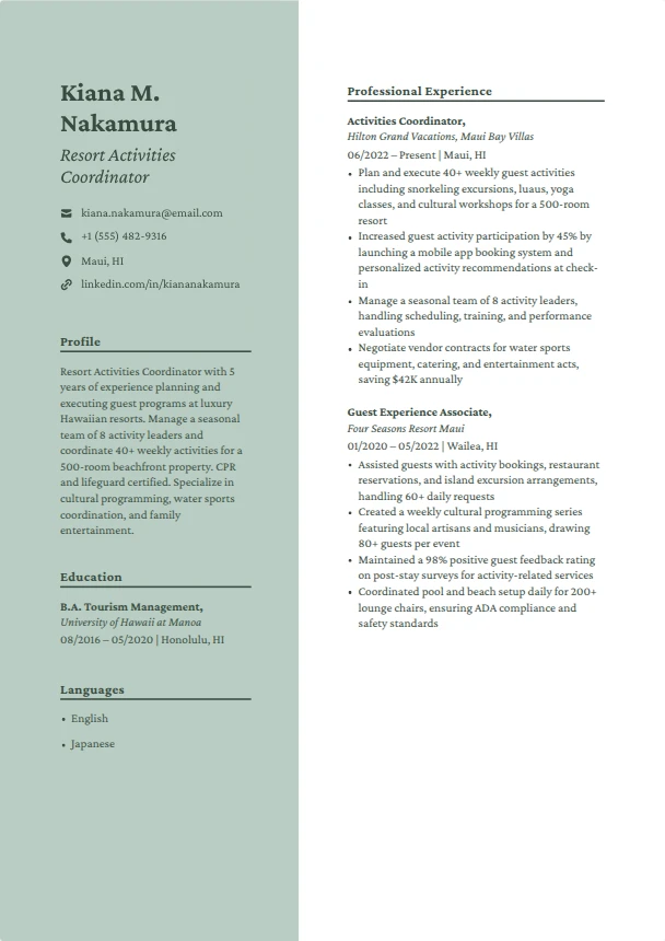 Resort Resume Guide — Sage template