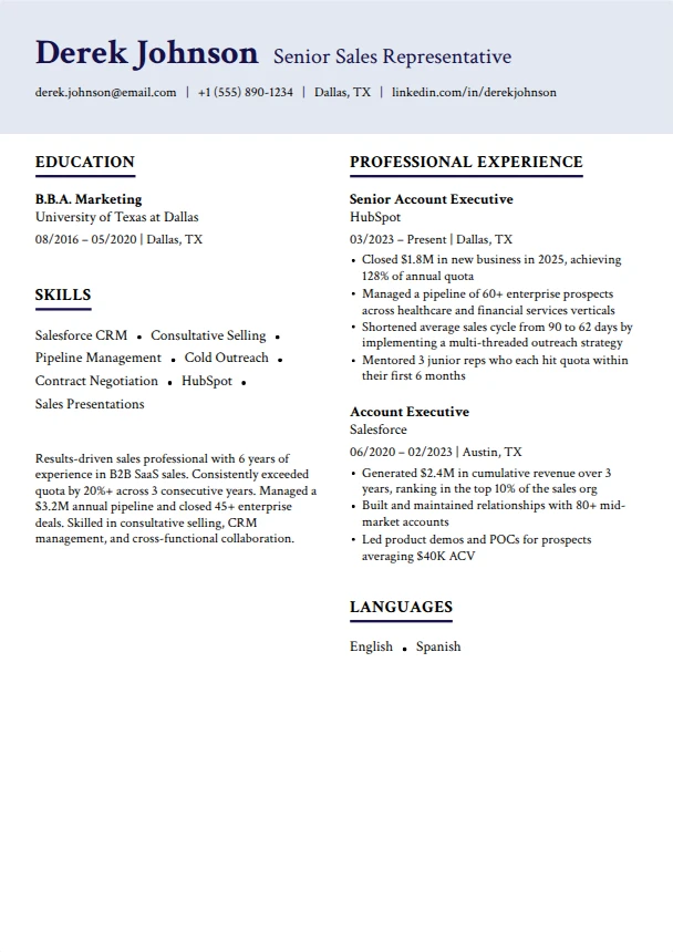 Sales Resume Guide — Dawn template
