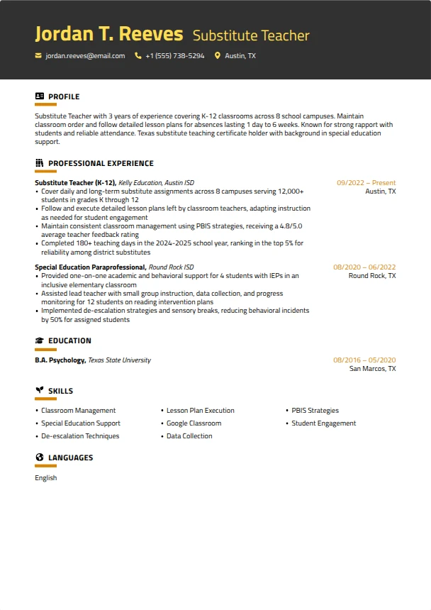 Substitute Teacher Resume Guide — Graphite template