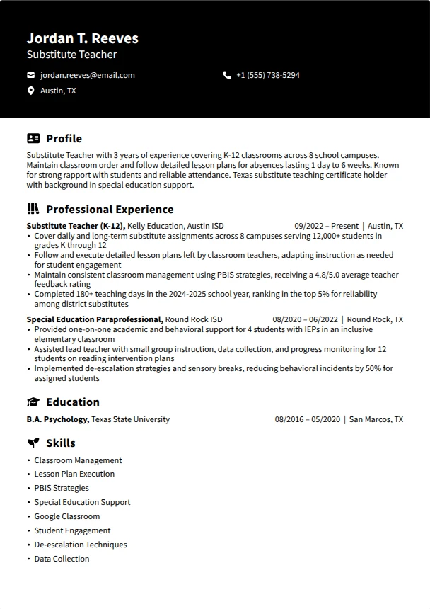 Substitute Teacher Resume Guide — Obsidian template