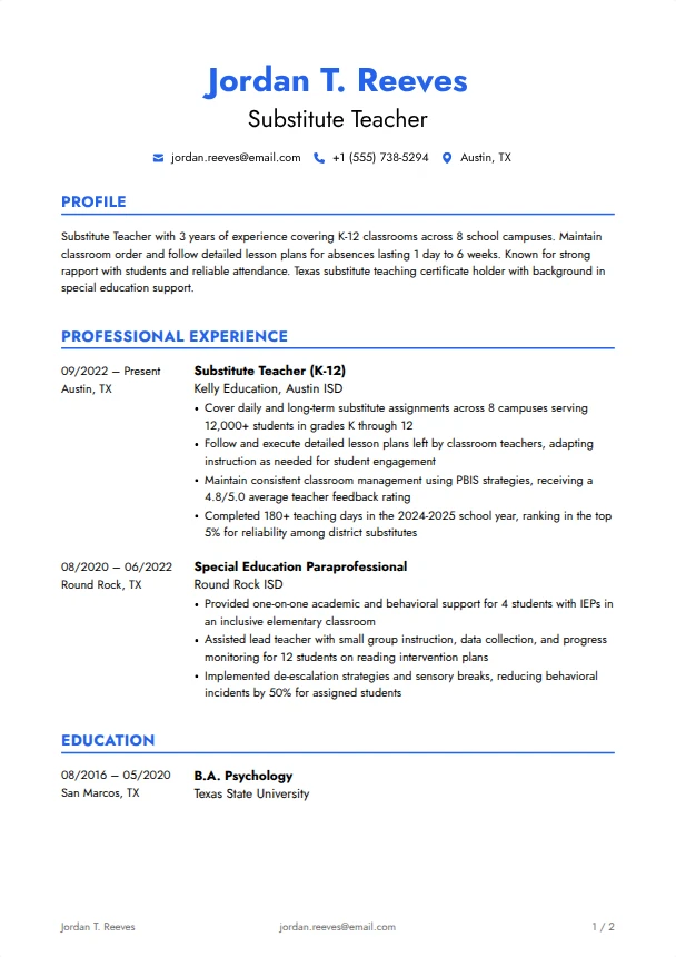 Substitute Teacher Resume Guide — Volt template