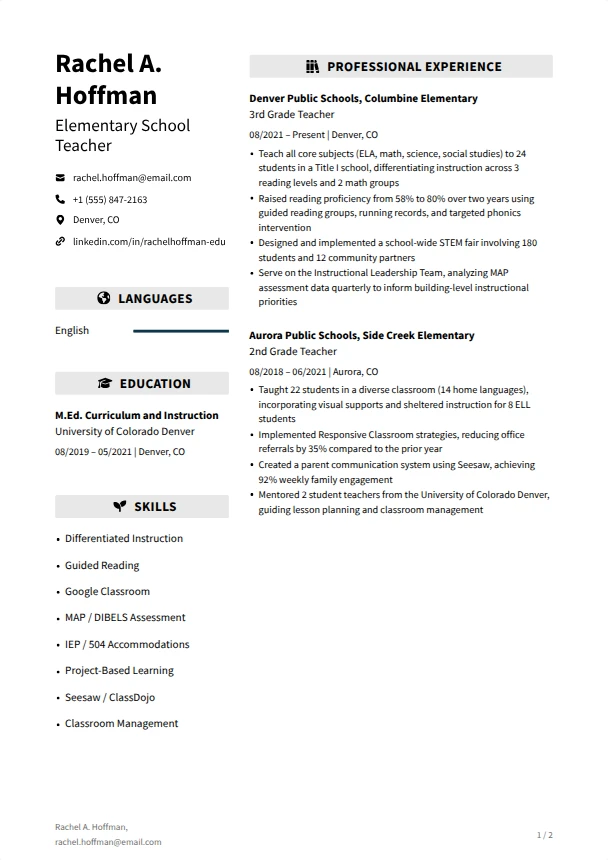 Teacher Resume (No Experience) — Vanguard template