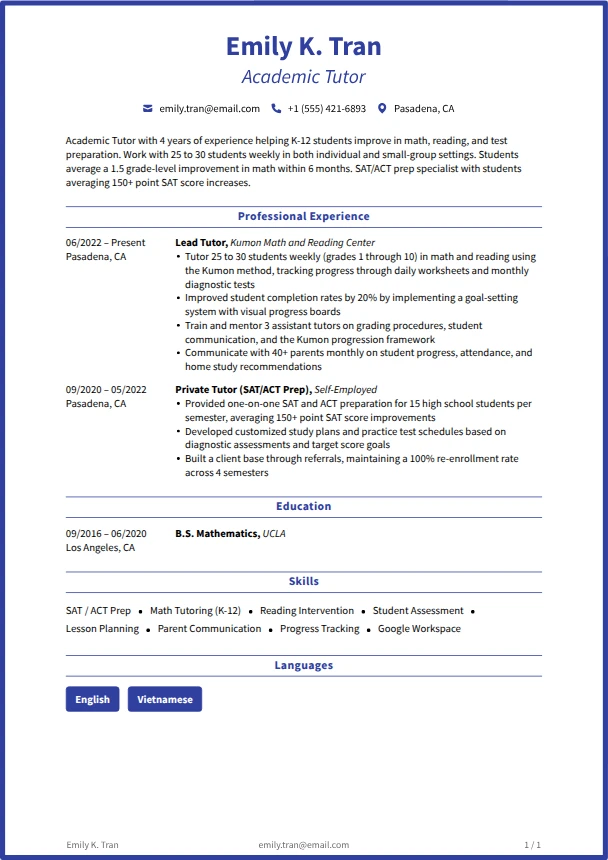 Tutor Resume Guide — Heritage template