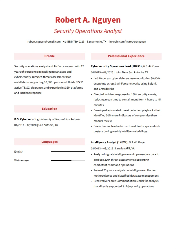 Veteran Resume (No Civilian Experience) — Garnet template