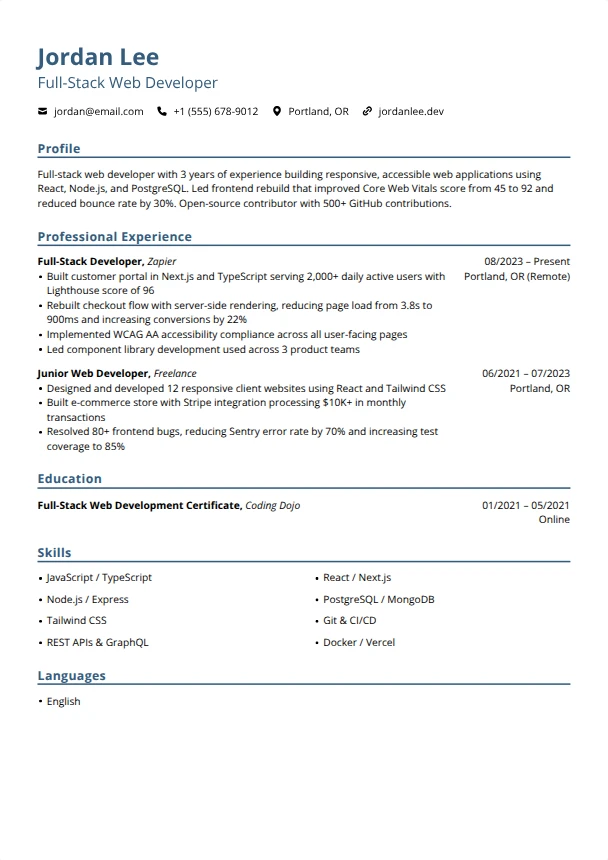 Web Developer Resume (No Experience) — Blueprint template