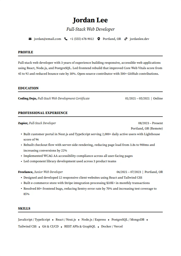 Web Developer Resume (No Experience) — Foundation template