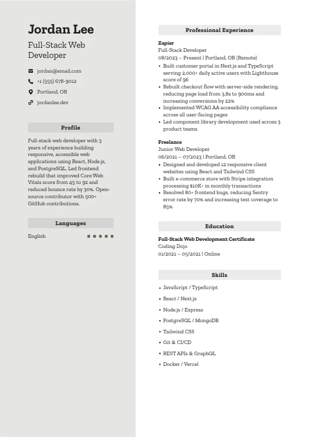 Web Developer Resume (No Experience) — Momentum template