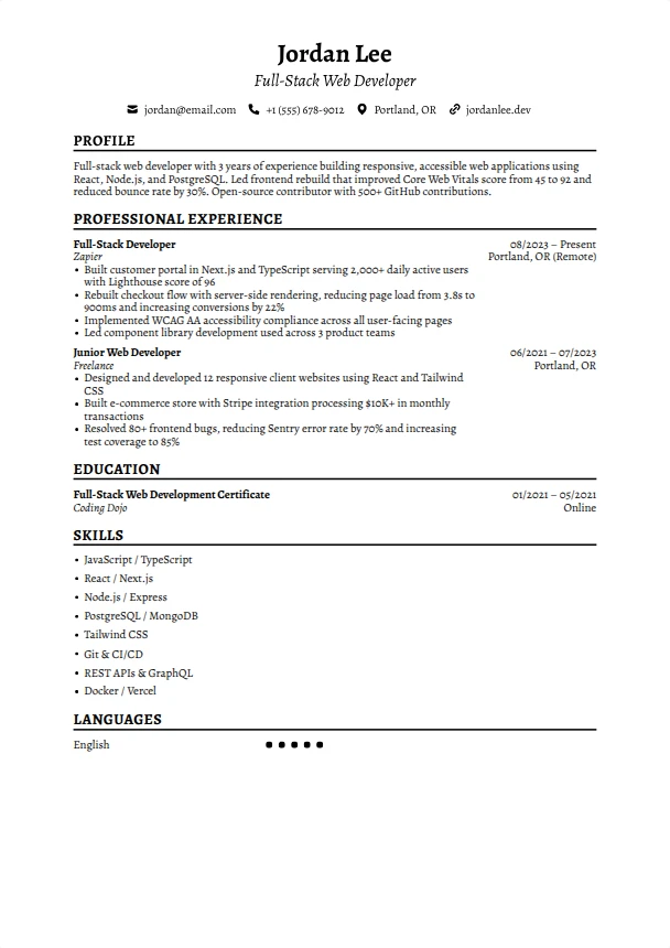 Web Developer Resume (No Experience) — Timeless template